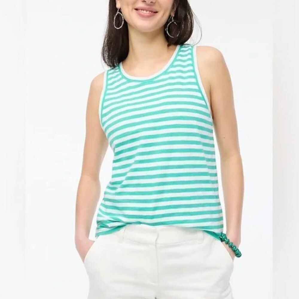 J. Crew Tank Girlfriend Cotton Stripe Green White Medium NWT